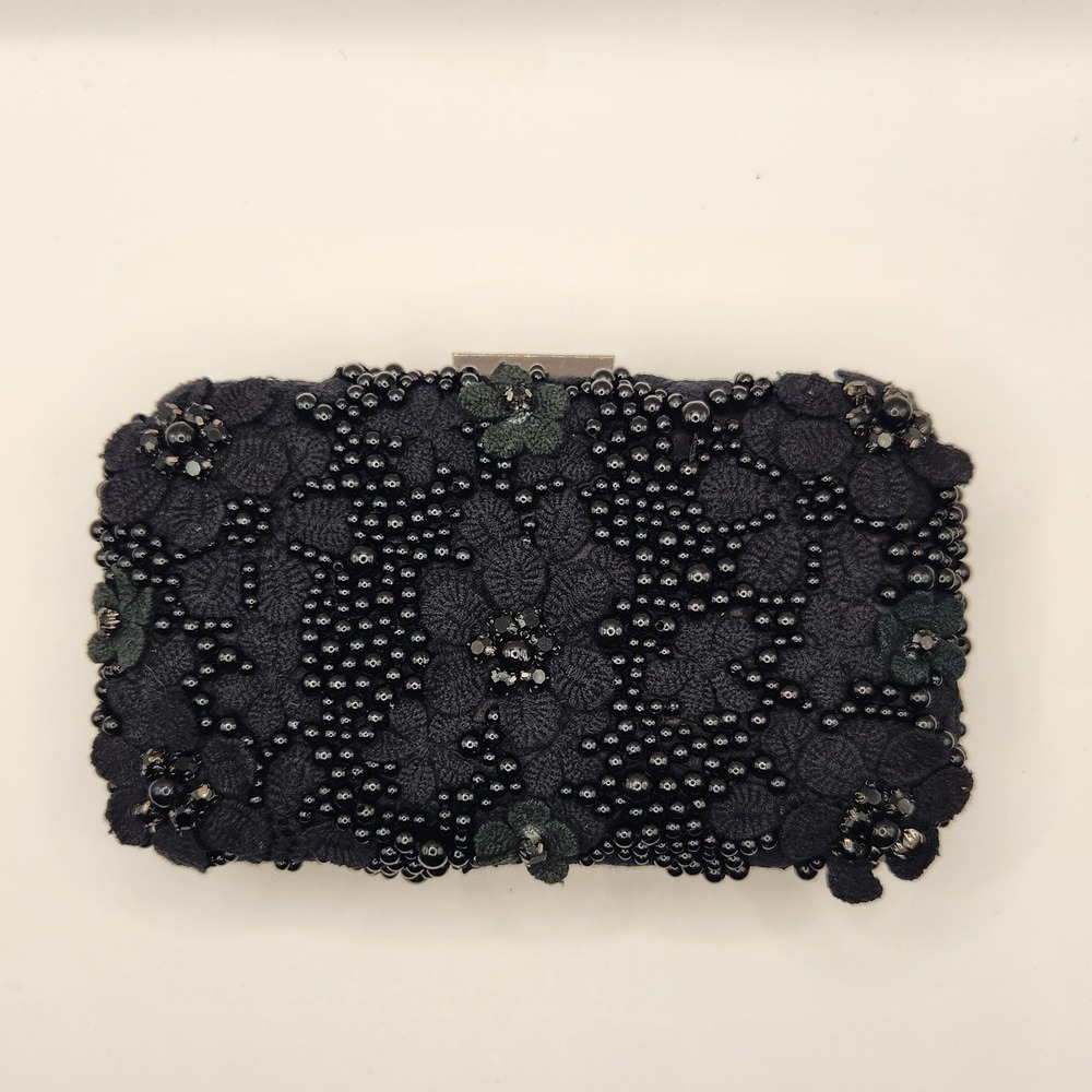 New Olga Berg Bonnie Black Lace Beaded Clutch Wedding Formal Bag Flower Floral B